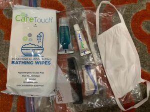 Hygiene products and kit displayed on table